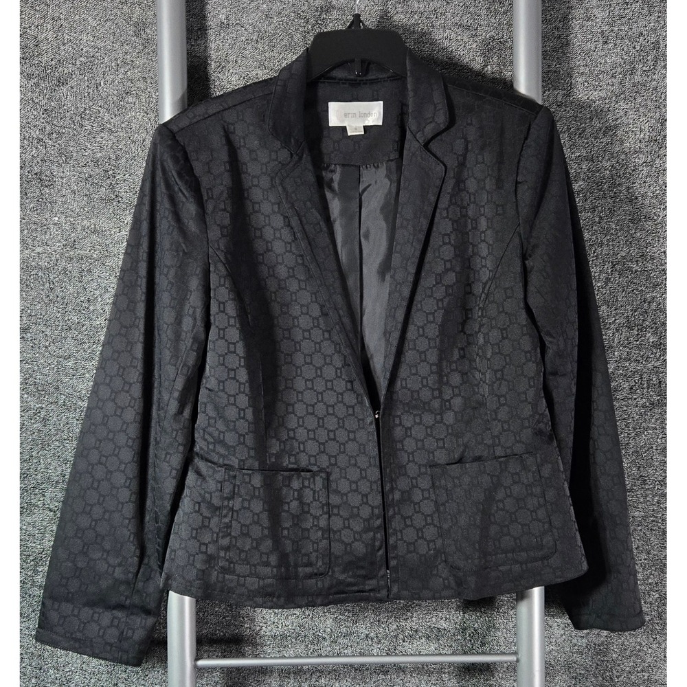 Erin London Womens Black Geometric Jacquard Blazer Hook Eye Jacket Size S